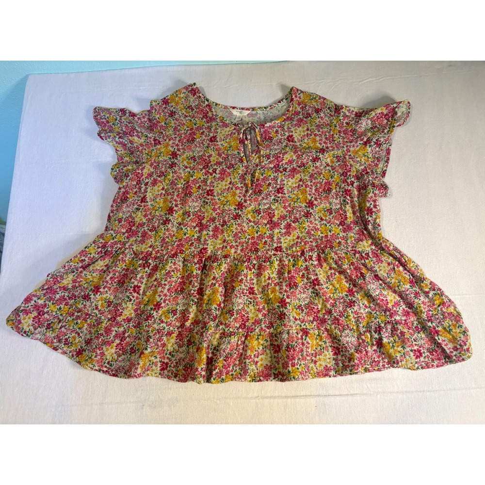 Terra & Sky Womens 3X Pink Yellow Floral Cotton Tiered Babydoll Top 1313